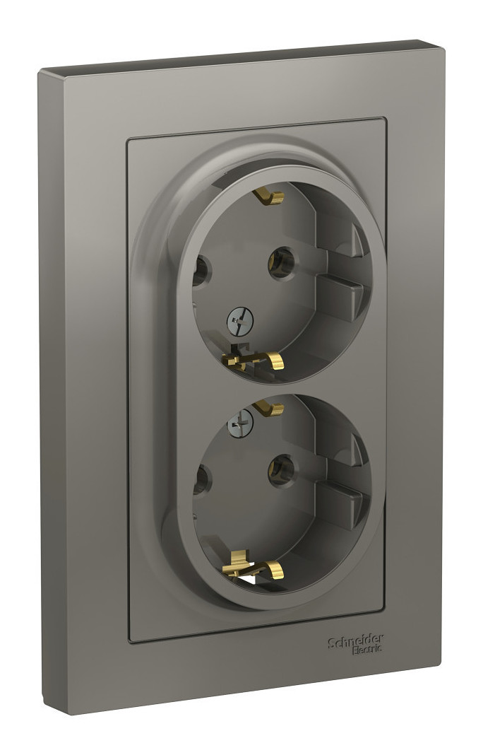Розетка двухпостовая Schneider Electric AtlasDesign с заземлением в сборе сталь Розетка двухпостовая Schneider Electric AtlasDesign с заземлением в сборе сталь