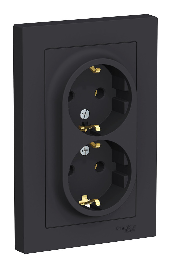 Розетка двухпостовая Schneider Electric AtlasDesign с заземлением в сборе карбон Розетка двухпостовая Schneider Electric AtlasDesign с заземлением в сборе карбон