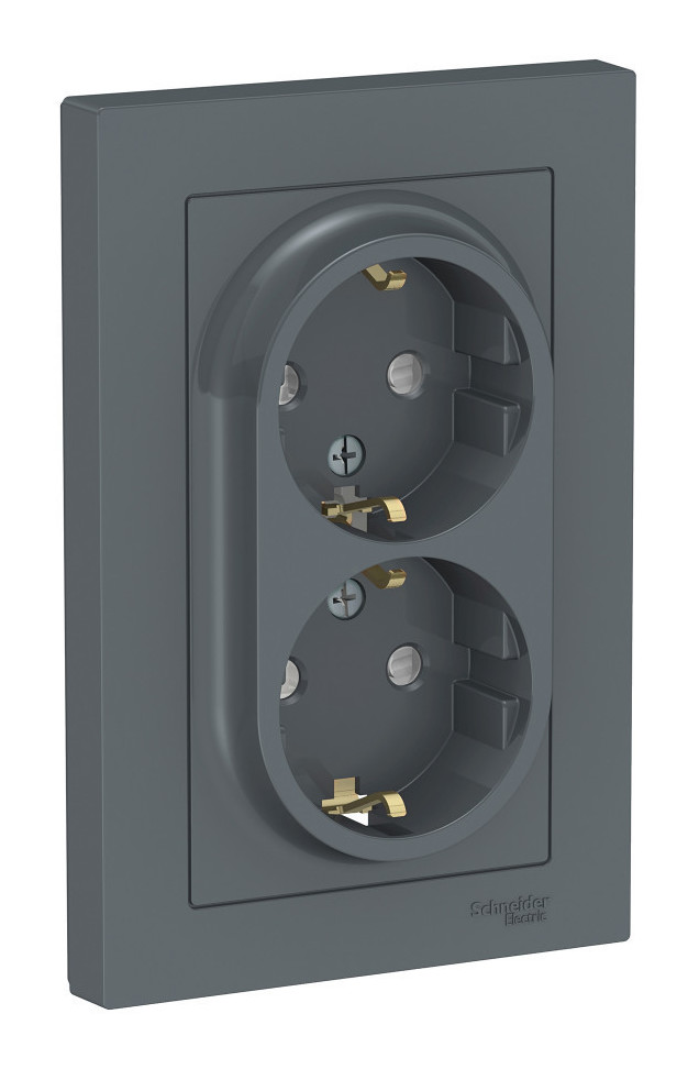 Розетка двухпостовая Schneider Electric AtlasDesign с заземлением с защитными шторками  в сборе гриф Розетка двухпостовая Schneider Electric AtlasDesign с заземлением с защитными шторками  в сборе гриф