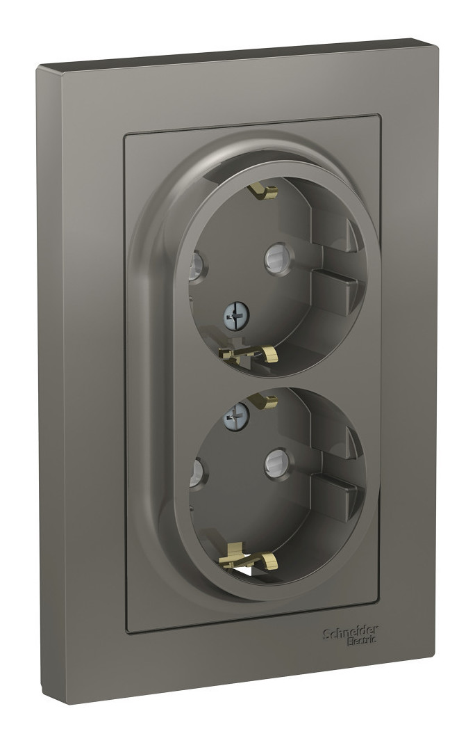 Розетка двухпостовая Schneider Electric AtlasDesign с заземлением с защитными шторками  в сборе стал Розетка двухпостовая Schneider Electric AtlasDesign с заземлением с защитными шторками  в сборе стал